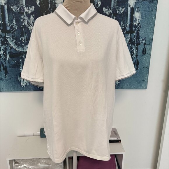 THEORY Mens Tipped Pima Cotton Pique Polo Shirt White Grey Collar Short Slv XL - Picture 2 of 9